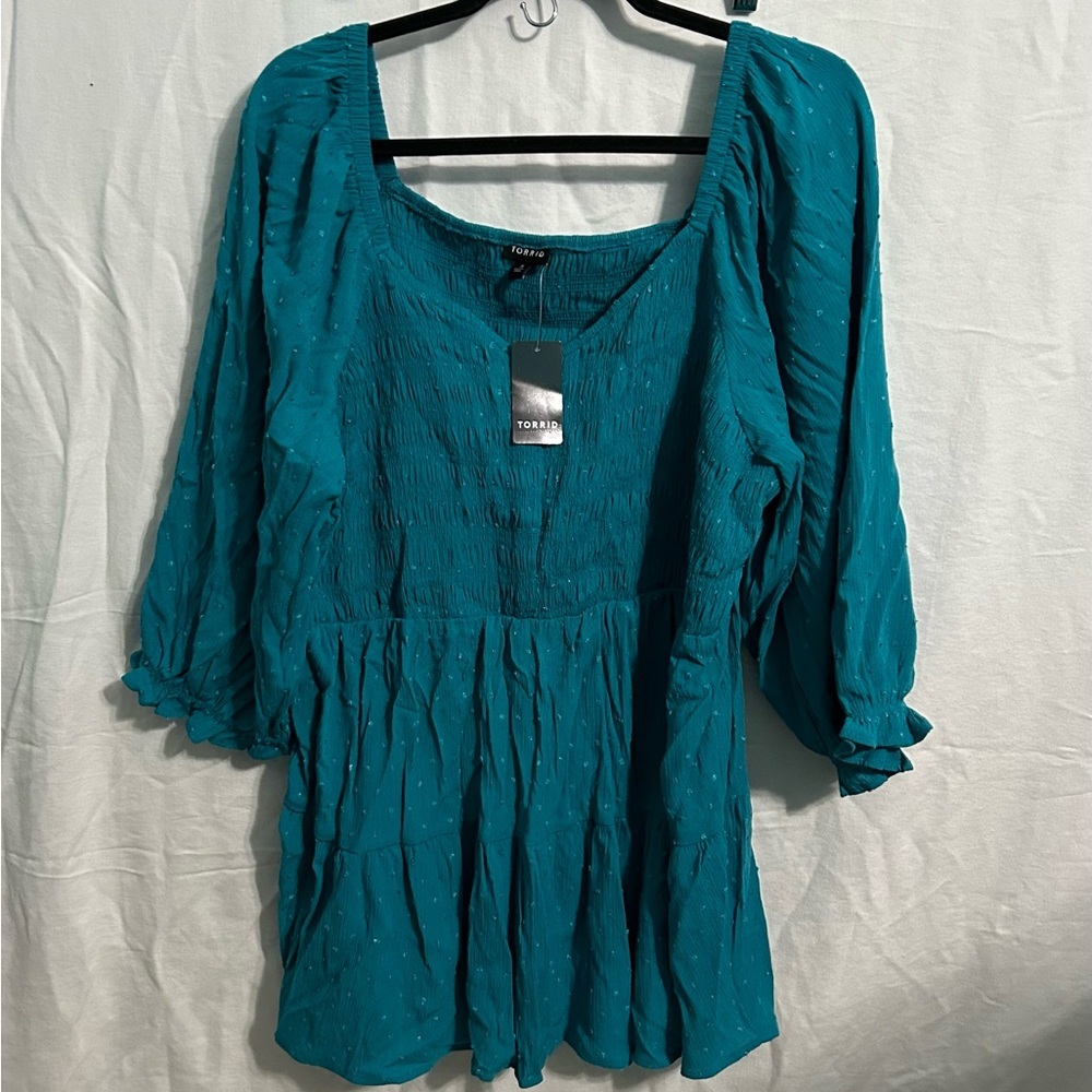 Torrid Gauzy Smocked Blouson Teal Blouse 3/4 Sleeves Womens Size 3X NEW